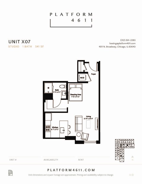Studio floor plan of unit x07 at Platform 4611, Chicago, IL 60640